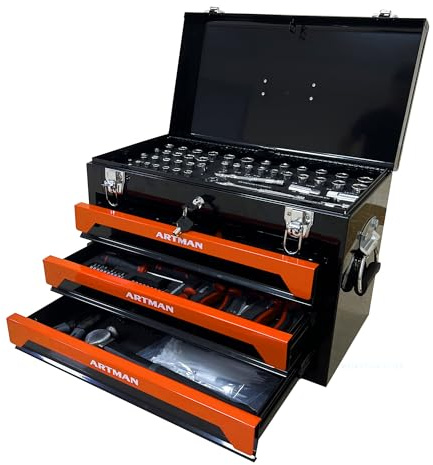 nifoti 439 Piece Mechanics Tool Set, 3 Drawer Heavy Duty Metal Box with Household Tool Kit, Portable Tool Organizer Case for Auto Repair, Garage, Warehouse, Workshop, Repair Shop (Orange & Black)