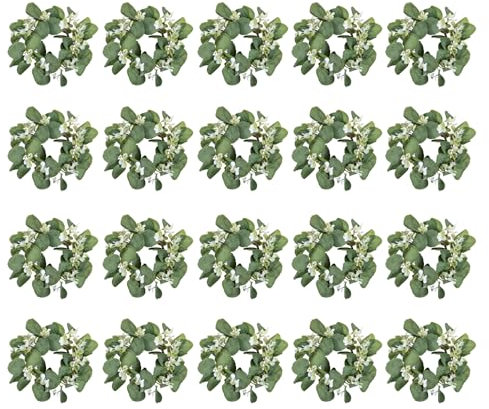 20 Stück Elegant Kerzenringe,Hochzeitskerzen Ringe künstliche Eukalyptusblätter Kerzenkränze für Säulen, kleine Greenery Kerze Kranz für Hochzeit Mittelstücke Home Party Tischdekoration (Grün