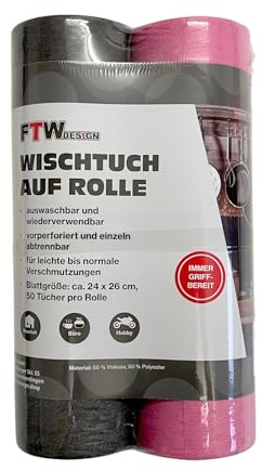FTWDesign Universal Wischtuch auf Rolle in schwarz und pink im 2er Set