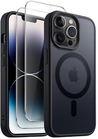 JETech 3-in-1 Matte Magnetische Hülle für iPhone 14 Pro, Schwarz | Kompatibel mit MagSafe, 2 Gehärtete Glas Schutzfolien, Matte Transluzent Rückseite, Stoßschutz