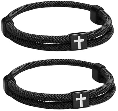 Moguri Lot de 2 bracelets en cuir pour homme avec croix faites à la main réglables avec pendentif en forme de croix carrée en acier inoxydable pour homme, noir, L
