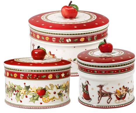 Villeroy & Boch Winter Bakery Delight Lot de 3 boîtes à biscuits avec décorations de Noël en porcelaine de qualité supérieure Rouge/blanc 11 cm 14 cm 17 cm