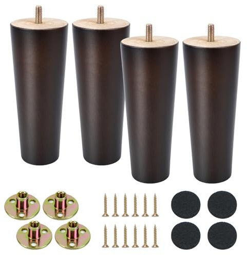 KINDPMA 4 Stück 15cm Möbelfüße Holz Möbelbeine Konisch Walnussfarbig Beine für Möbel Tischbeine Kegel Schrankfüße mit Montageplatte, Schrauben, Holzfüße für Couch Schrank Bett Tisch Kommode Couchtisch