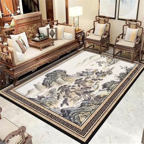 RUGMRZ Teppiche Wohnzimmer Waschbarer Teppich 150x200CM bodenschutzmatte Aesthetic Grau Schwarzer rechteckiger mit orientalischem Landschaftsdesign