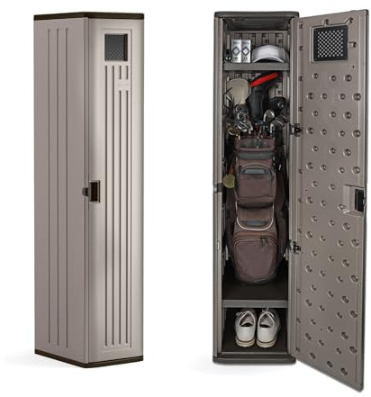 Suncast Garage and Golf Storage Organizer – Golf Rack and Bag Storage, Hall Tree with Shoe Cubby, Heavy-Duty Resin Locker Cabinet with Adjustable Shelves, Lockable, for Golf Equipment, Made in the USA