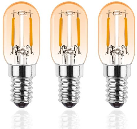 ProCrus Bombilla E14 LED Blanco Cálido 1.5W,T22 E14 Vintage Edison Bombilla de Repuesto 15W,2700K,150LM,Para Nevera,Luz Nocturna,Lámpara de Sal,No Regulable,Ámbar,3 Piezas