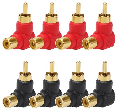 KUOQIY 8 PCS 90 Degree RCA Adapter, Gold-Plated Right Angle RCA Male to Female-Adapter, for Stereo Audio Connection, Red/Black