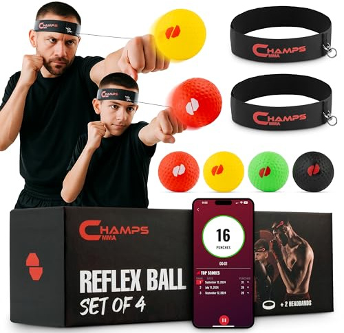 Boxing Reflex Ball Set with Punch Counter App– 4 Box Balls with Varying Weights, 2 Headbands and 4 Spare Strings to Improve Speed, Hand-Eye Coordination for Men, Kids Boxing Equipment MMA Gear Gift