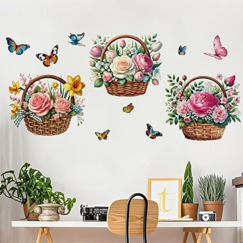 FUFUQUARE Blumenkorb Wandtattoos 3d Rosa Blumenstrauß Schmetterling abnehmbare Wandtattoos für Wohnzimmer Schlafzimmer Tür Möbel