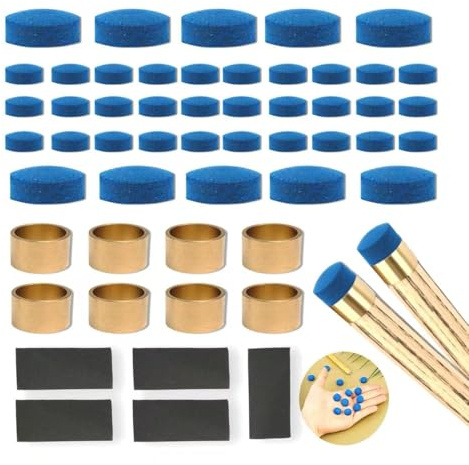 YYMT 53 Stück Billard Queue-Spitzen Set, 9-12mm Billard Leder Queue Tipps Ersatzspitzen mit Messing-Ferrules + 240er Schleifpapier, Billard Queue Zubehör Set für Billardstöcke Snooker Pool Queues
