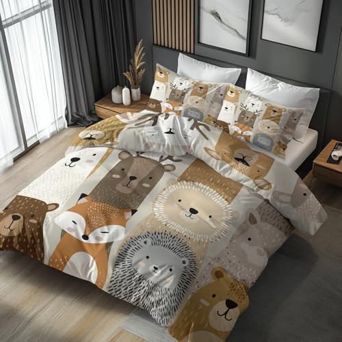 tiere kinder Bettwäsche 135x200 Bügelfreie - Hirsch Löwe Kaninchen Bär Muster, Renforce Wendebettwäsche Bettbezug 2er Set Cozy Mikrofaser Mit Reißverschluss, 1 Kissenbezug, Geschenk kinder LS1560