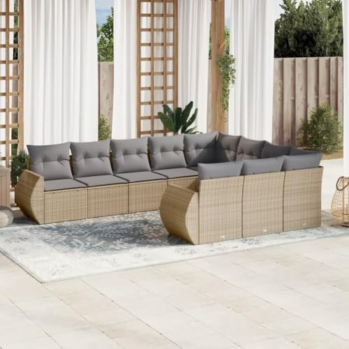 QJBSAVVA Beige Garten-Sofagarnitur 10-TLG. Modularer Outdoor Loungeset aus wetterfestem Poly-Rattan mit dicken Sitzkissen verstellbaren Füßen für Balkon Terrasse Garten