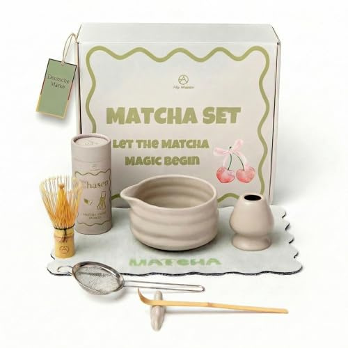 Ally Maison® Premium Matcha Set 7-teilig in warmes sandbeige– Design Keramik Schale mit Ausgießer, Bambusbesen & Zubehör – Komplettes Matcha Ritual Set für höchste Ansprüche – Exklusives Geschenkset