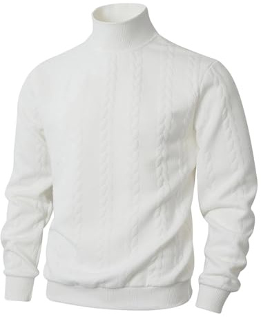 Maglione a collo alto, da uomo, con motivo a treccia, colore puro, vestibilità normale, maglione all'uncinetto, colletto alto, basic, comodo dolcevita
