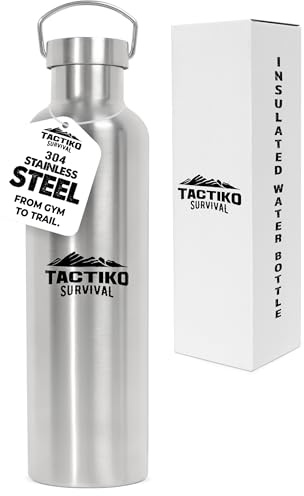 Tactiko Survival 1000ml / 34 oz Insulated Stainless Steel Wide Mouth Water Bottle, Double Wall Insulation - Leakproof, BPA-Free with Cleaning Brush for Camping, Hiking, Outdoor Prep