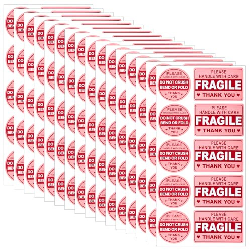500 Stück Zerbrechliche Aufkleber, Fragile Stickers Vorsicht Labels Handle with Care Paketaufkleber, Rosa Warnetiketten für Versand und Umzug, Selbstklebende Achtung Signaletiketten