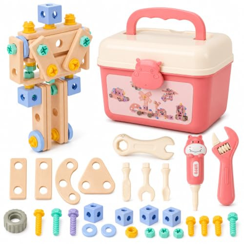 Montessori DIY Construction Tool Set for 3+ Year Olds - Educational Building Kit with Storage Box, Toddler Learning Toys for Boys & Girls (pink)