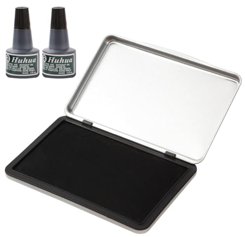 YULL Set Grande Tampón de Tinta Negra - 1 Almohadilla de Tinta Negra (16x10 cm) y 2 Recargas (60 ml), para Sellos de Goma, Oficina, Escuela y Manualidades