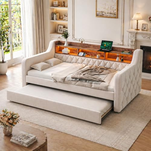 Mobscot Extendable Sofa Bed 107/197x200x75cm, Samt Schlafsofa mit Stauraum, LED-Ambiente & USB Anschluss, 12 Lattenroste & Stabiler Metall Holz Rahmen, Polsterbett für Schlafzimmer Gästezimmer