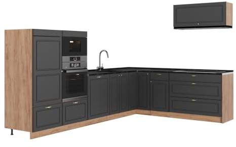 Vicco Hörnkök Fame-Line, Herrgård i antracitguld/Goldkraft ek, 327 x 227 cm, AP Antracit, för individuell expansion med kompatibla moduler