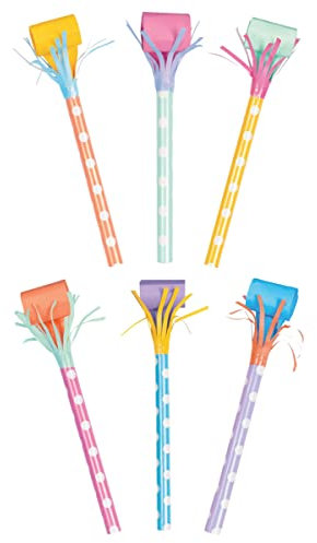 Long Stem Multicolor Bright Fringe Blowouts (30cm) - Vibrant Party Noisemakers for Birthdays, New Year's, & Festive Events - 6ct
