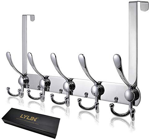 LYLIN Türhaken Edelstahl, Türgarderobe mit 15 Haken, Kleiderhaken Tür Ohne Bohren, Garderobenhaken tür für Küche, Badezimmer, Flur und Schlafzimmer (Silber, Türfalzstärken bis 2cm)