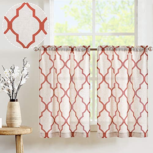 TOPICK - Tende con motivo geometrico, effetto lino, stile marocchino, oscuranti, corte, per cucina, sala da pranzo, bagno, piccole finestre, blu, set da 2 pezzi, 65 x 90 cm, rosso