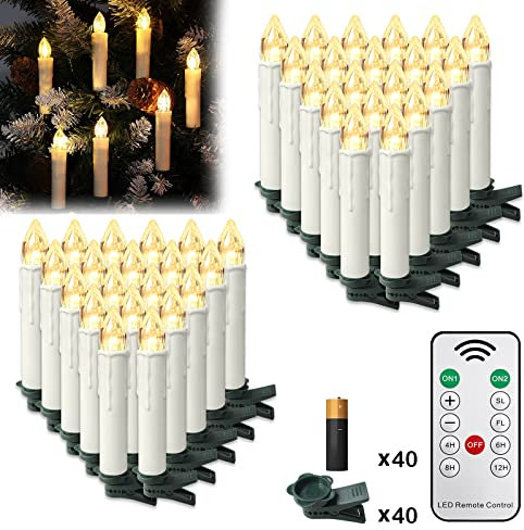 TRMLBE 40 Stück LED Kerzen mit Timerfunktion Flammenlose Warmweiß Realistischer Effekt Weihnachtskerzen Kabellos Kerzen Batteriebetriebene mit Batterien Fernbedienung für Weihnachten, Weihnachtsbaum