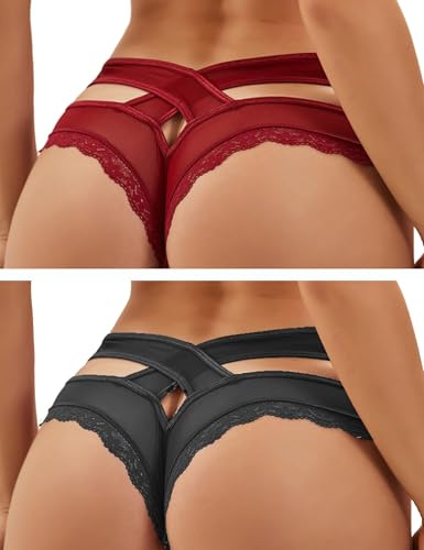 ohmydear String Sexy Tanga Femme Sexy Chic Dentelle String Culottes Slips Femmes Croisées Creux Out Entrejambe en Coton 3XL-4XL Transparent Panties Strings et Tangas sous-Vêtements Culottes