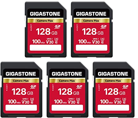 GIGASTONE 128GB SDXC Speicherkarte 5er-Pack, Kamera Plus, bis zu 100 MB/s für Digitalkameras Canon, 4K UHD Videoaufnahmen UHS-I U3 V30 Klasse 10, mit 5 Mini-Hülle