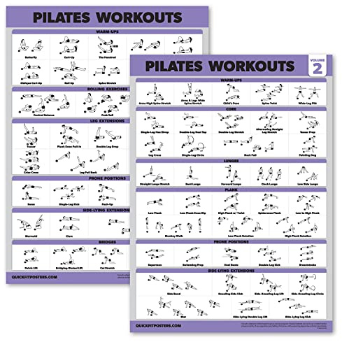 2-pack – pilates träningsposters volym 1 och 2 – pilatesmatta arbetsövningar – fitnesstabellset (18 x 24, laminerad)