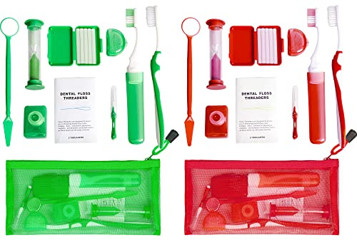 Uouovo Portable Orthodontic Oral Care Kit for Braces -2 Orthodontic Care Set - Dental Braces Kit, Interdental Brush Dental Wax Dental Floss Toothbrush Cleaning Kit(Purple & Blue) (Red_Green)