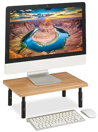 Relaxdays Monitorständer, höhenverstellbar, HxBxT: 16 x 42 x 26,5 cm, Bildschirmerhöhung für Schreibtisch, Natur/schwarz