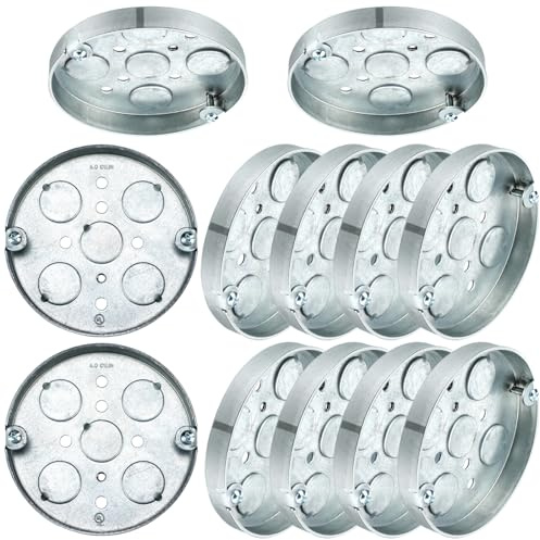 Hicarer 10 Pcs 293 4 Inch Round Shallow Electrical Box with 1/2 Inch Deep 1/2 Inch Bottom Knockouts, Ceiling Electrical Box, Steel Pancake Box for Ceiling Fan Wall Lighting Fixtures, Galvanized Steel
