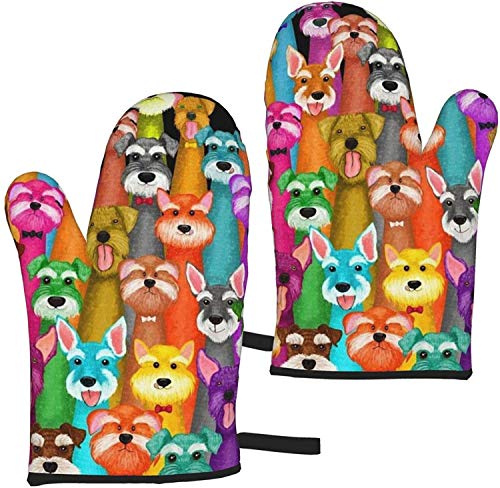 Ofenhandschuhe, Öl, süße Schnauzer-Hunde, Backhandschuhe, 2er-Set, hitzebeständige Küchenhandschuhe, Damen und Herren, Kochen, Grillen, Grillen, Mikrowelle