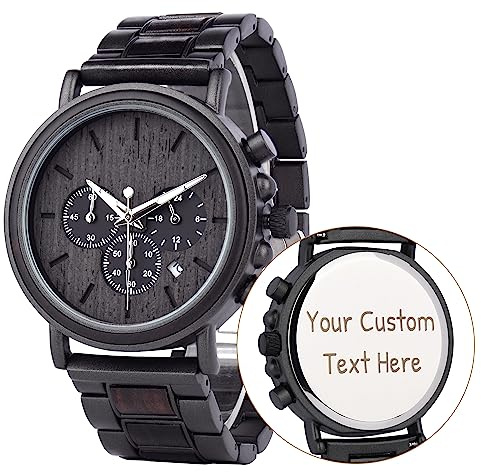 LMWOOD Personalisierte Herren-Holzuhr mit Gravur, Geburtstag, Jubiläum oder zu Weihnachten, Chronograph, Datumsanzeige und Leuchtzeigern