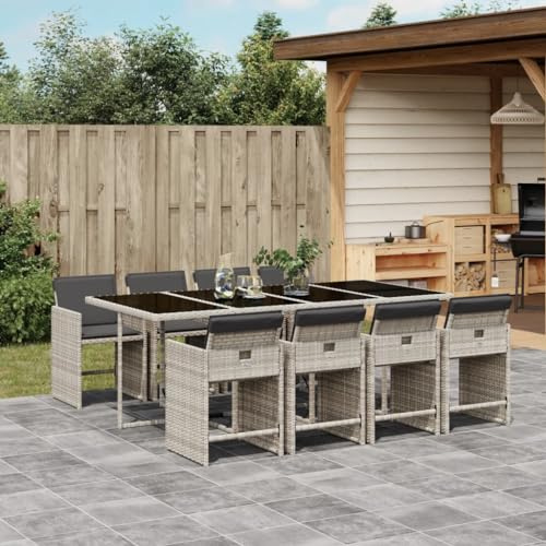 Faroom Polyrattan Sitzgruppe for 8 Personen - Gartenmöbel Set 8 Stühle mit Tisch mit Glasplatte & Kissen - Garten Sitzgruppe - Polyrattan Gartenmöbel Set für Garten & Terrasse Hellgrau AS 30