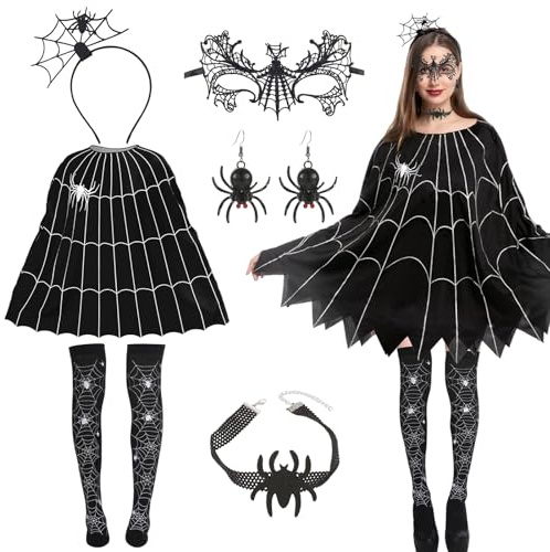 6 Stück Halloween Kostüm Spinne Damen, Spinnenkostüm Set für Erwachsene, Spinnennetz Poncho, Spinnenmaske, Haarreifen, Schmuck Accessoires, Spinnen Kostüm Damen für Halloween & Karneval Faschings