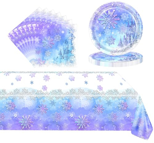 POPOYU 37 Stück Partygeschirr Schneeflocke,Schneeflocken Serviette,Pappteller,Tischdeko,Weihnachten Partygeschirr Set,Blau Schneeflocke Schneeflocke Thema Papierteller für Winter Wonderland Decor