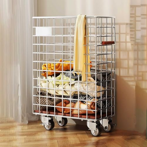 Wäschekorb aus Metall, Kleiner, Schmaler Wäschesammler mit Rollen, mit Rädern und Griff, Wäschekörbe für Schmutzige Kleidung für Wohnzimmer, Badezimmer, Silber