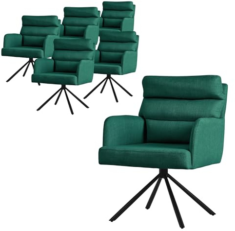 ML-Design Esszimmerstühle drehbar 6er Set Dunkelgrün, Wohnzimmerstühle mit Arm- & Rückenlehne, Drehstühle Auto-Position, Polsterstühle mit Polyesterbezug & Rückenkissen, Küchenstühle mit Stahlgestell