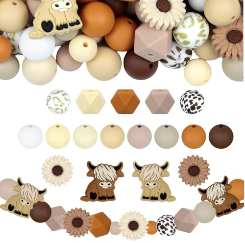 GlamRays 76 Stück Highland Cow Focal Silicone Beads – Tierförmig, Braun & Weiß Kuhperlen für DIY Handarbeit, Schlüsselanhänger, Armbänder, Stifte – Perfekt für kreative Projekte