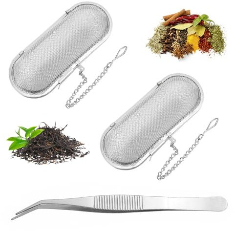 2 Stück Rostfreier Edelstahl Teefilter, Feinmaschiger Teefilter, Feines Elliptisch GewüRzsieb, Teesieb Groß mit Kette, Gewürzfilter mit Teeklammern, Teesieb Edelstahl für Losen Tee Gewürze Gewürze