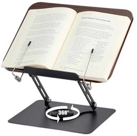 LIUCONGBD Buchständer zum Lesen, Verstellbarer Buchhalter mit 360° Drehbare Basis, Holz Ergonomisches Kochbuchhalter mit Seitenclip für Rezept, Zeitschrift, Tablet, Laptop, Büro, Küche