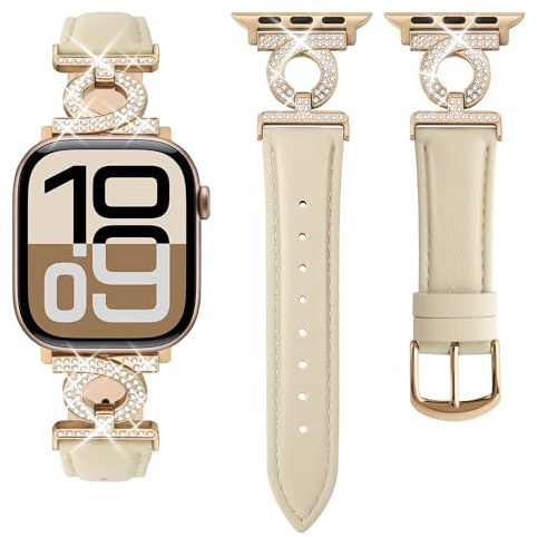 wutwuk Bracelet en cuir véritable compatible avec Apple Watch pour femmes 49mm 46mm 45mm 44mm 40mm 41mm 42mm 38mm, bracelet fin avec boucle ruban en strass pour iWatch SE Series 10 9 8 7 6 5 4 3 2 1