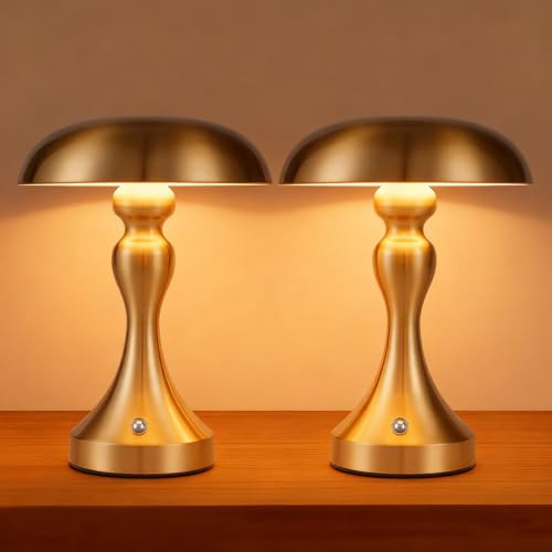 meoaow Tischlampe Kabellos Nachttischlampe 2er Set - LED Akku Tischleuchte Touch Dimmbar Retro Vintage Gold Bronze Lampe mit USB Aufladbar Batterie Tischlampen für Fensterbank Wohnzimmer Schlafzimmer