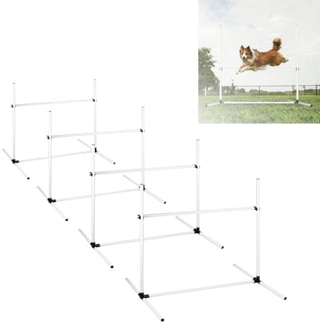 VANCHEMO Haustier Agility Set Hunde Hürdenset 4er Höhenverstellbar Slalomstangen Ausrüstung Trainingsset mit Tragetasche, für Hunde Training, Katzen, 104 x 70 x 101 cm, Weiß