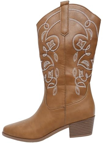 Platform Boots Block Heel Pu Leather Mid Wide Calf Country Riding Western Wedding Shoes Cowboy Boots Size 5