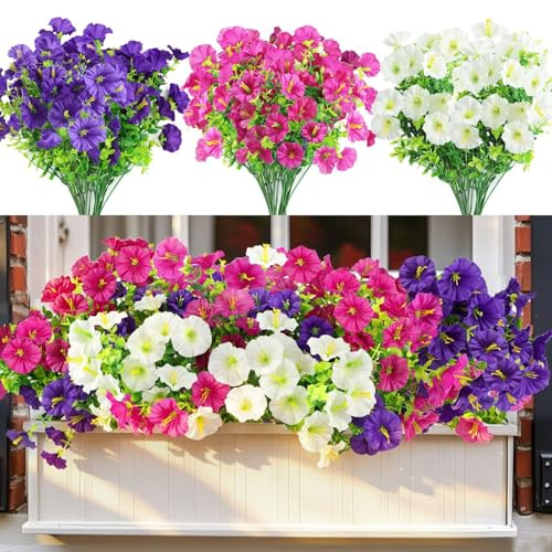 inreeme Artificial Fake Flowers Outdoor - Silk Artificial Plants Outdoor Look Real 3 Colors 12 Bundles, UV Resistant Realistic Fake Plants for Garden, Window, Vase, Pots, Hanging Basket Decoration