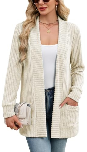 iChunhua Women's Cardigans Ribbed Knit Long Sleeve Lightweight Open Front Outerwear Tops with Pockets